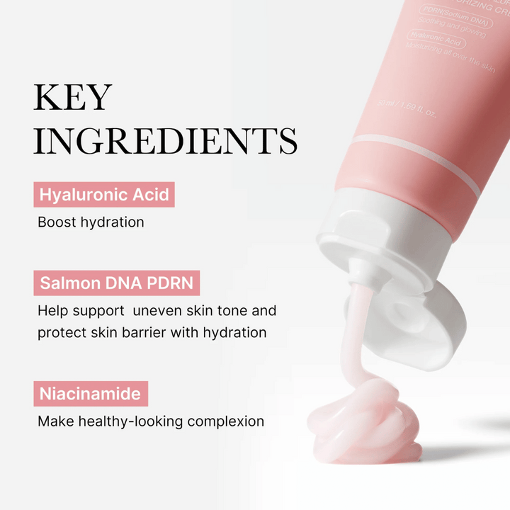 Medicube PDRN Pink Hyaluronic Moisturizing Cream z glavnimi sestavinami hialuronska kislina, lososov DNA PDRN in niacinamid, prikazana z roza kremo iz tube.