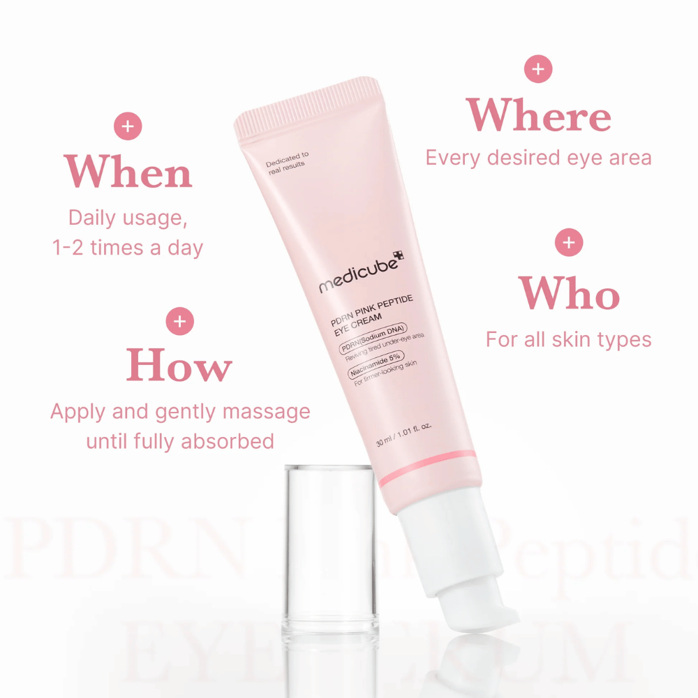 Medicube PDRN Pink Peptide Eye Cream, 30 ml tuba. Krema za oči s PDRN in 5 % niacinamida. Uporablja se 1–2 krat dnevno okoli oči. Primerna za vse tipe kože.