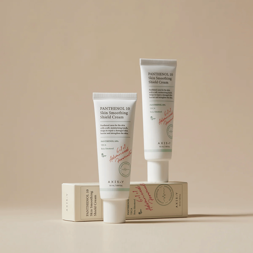 AXIS-Y Panthenol 10 Skin Smoothing Shield Cream z izdelkom in embalažo