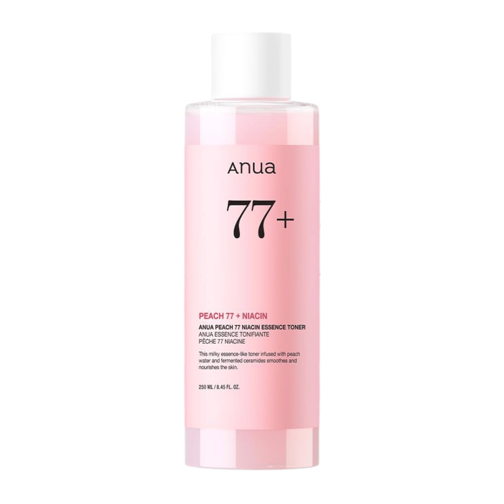 Anua Peach 77 Niacin Essence Toner v prozorni roza steklenici z belim pokrovčkom, ki vsebuje 250 ml mlečnega tonika za enakomernejši ten kože in sijaj.