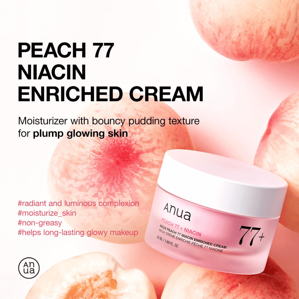 Anua Peach 77% Niacin Enriched Cream – pudingasta vlažilna krema, ki daje sijaj in polnost s 77 % ekstrakta breskev.