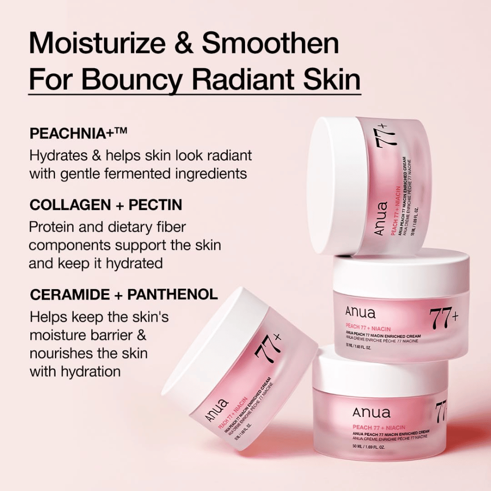 Anua Peach 77% Niacin Enriched Cream s PEACHNIA™, kolagenom, pektinom, ceramidom in pantenolom za navlaženo, prožno kožo.