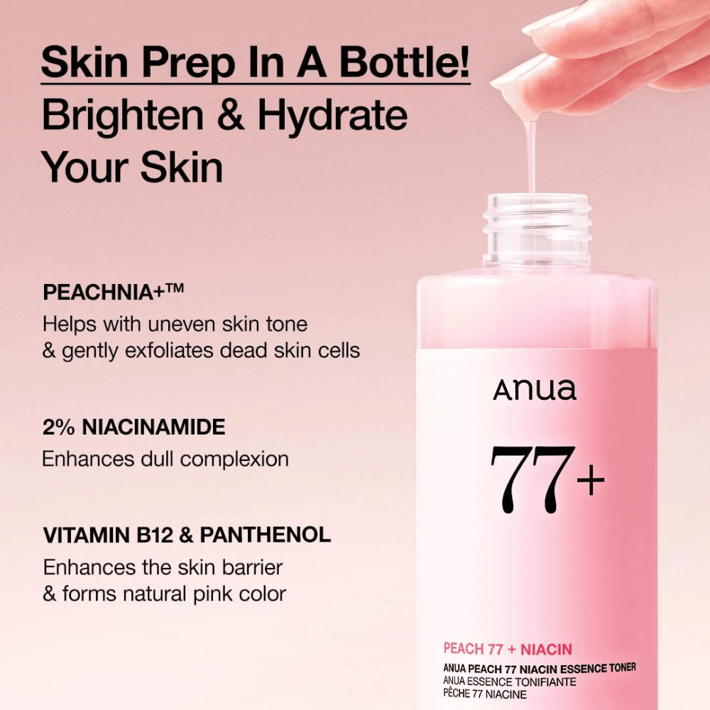 Anua Peach 77 Niacin Essence Toner v roza steklenici, z besedilom, ki izpostavlja PEACHNIA+, 2 % niacinamida ter vitamina B12 in pantenol za posvetlitev kože in krepitev bariere.