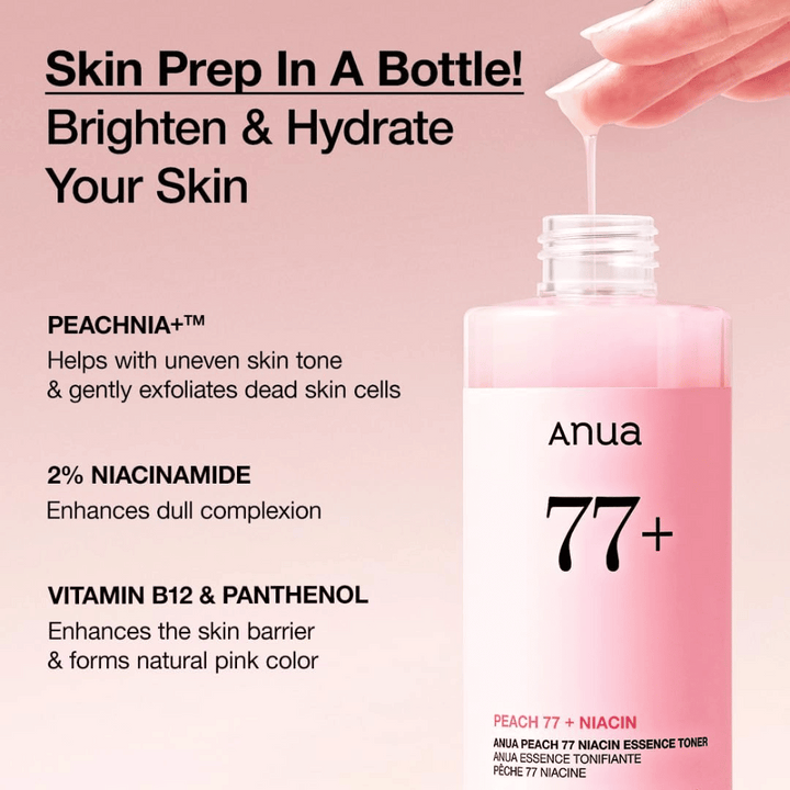 Anua Peach 77 Niacin Essence Toner v roza steklenici, z besedilom, ki izpostavlja PEACHNIA+, 2 % niacinamida ter vitamina B12 in pantenol za posvetlitev kože in krepitev bariere.