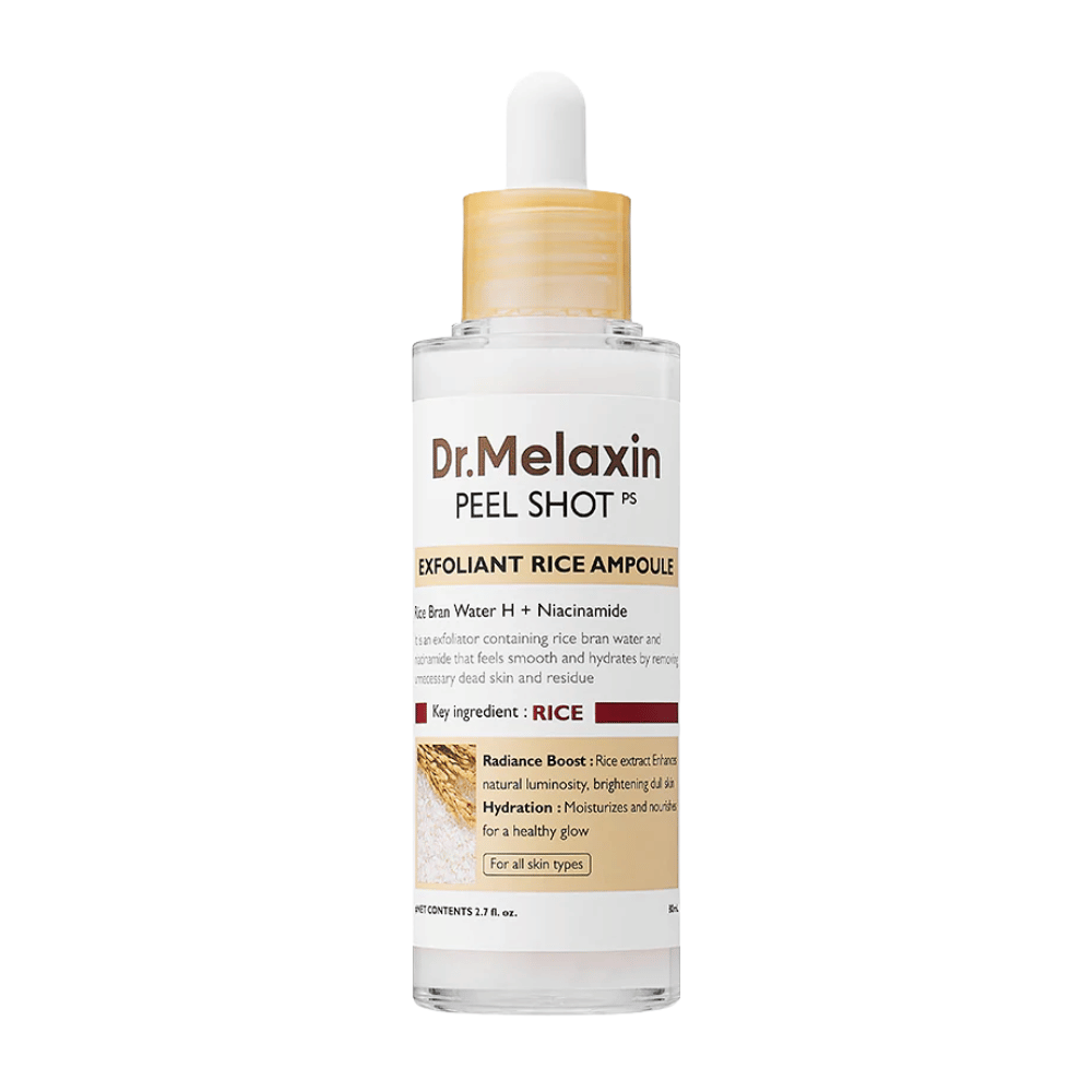 Dr.Melaxin Peel Shot Exfoliant Rice Ampoule v celotnem pogledu na beli podlagi, eksfoliantni serum za obraz z izvlečkom riža in niacinamidom za enakomernejši ten kože in večji sijaj.