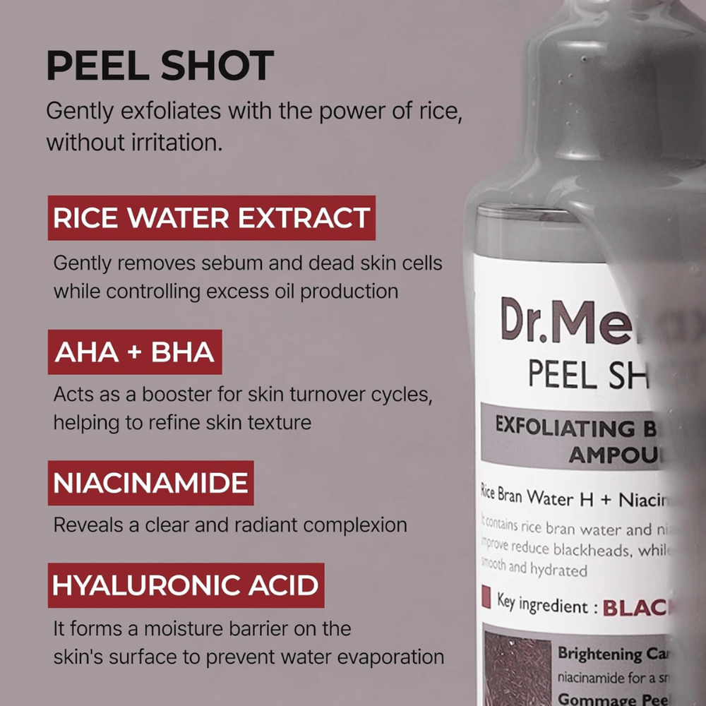 Dr.Melaxin Peel Shot Black Rice Ampoule z izvlečkom riževe vode, AHA BHA, niacinamidom in hialuronsko kislino za eksfoliacijo in izboljšanje por