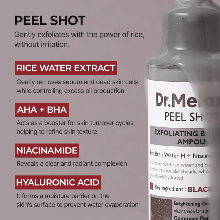Dr.Melaxin Peel Shot Black Rice Ampoule z izvlečkom riževe vode, AHA BHA, niacinamidom in hialuronsko kislino za eksfoliacijo in izboljšanje por