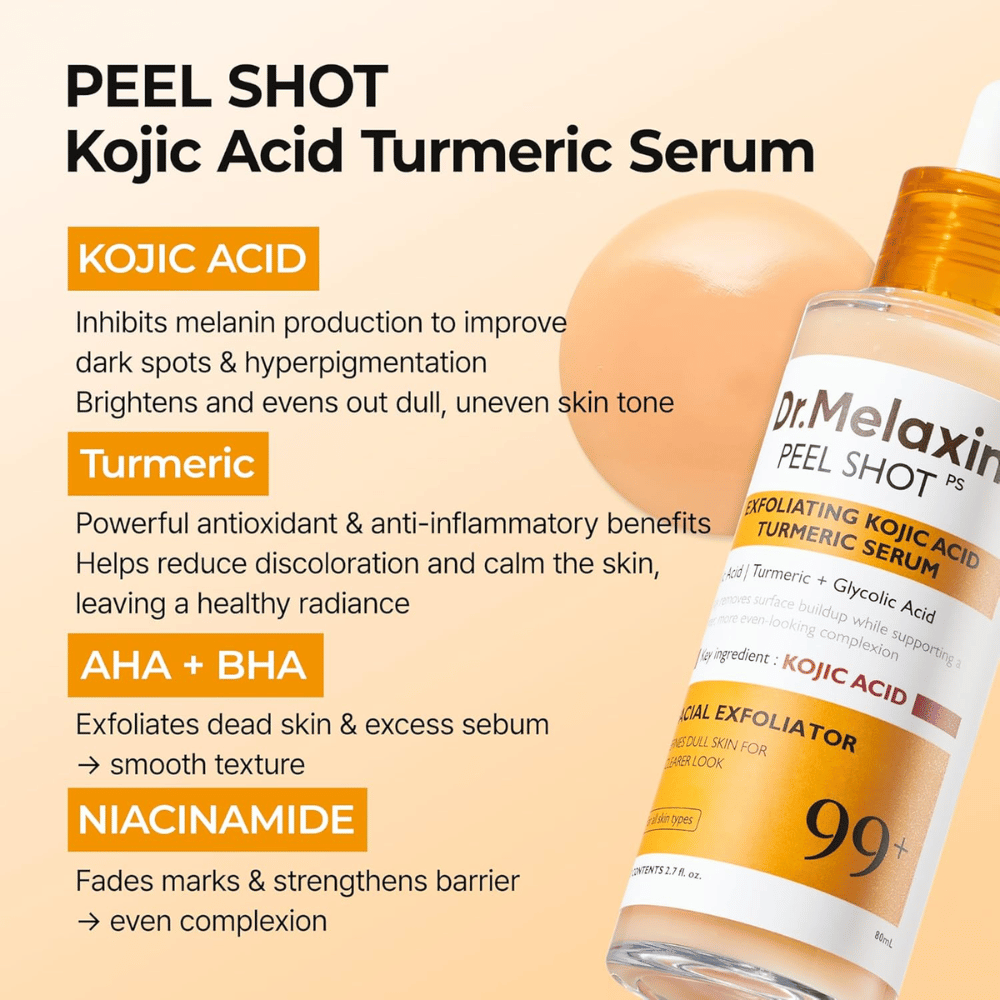 Piling serum s kojično kislino in kurkumo, ki se vmasira v kožo za zmanjšanje hiperpigmentacije in dodajanje sijaja