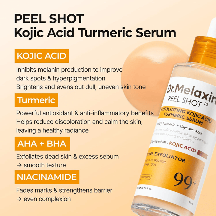 Piling serum s kojično kislino in kurkumo, ki se vmasira v kožo za zmanjšanje hiperpigmentacije in dodajanje sijaja
