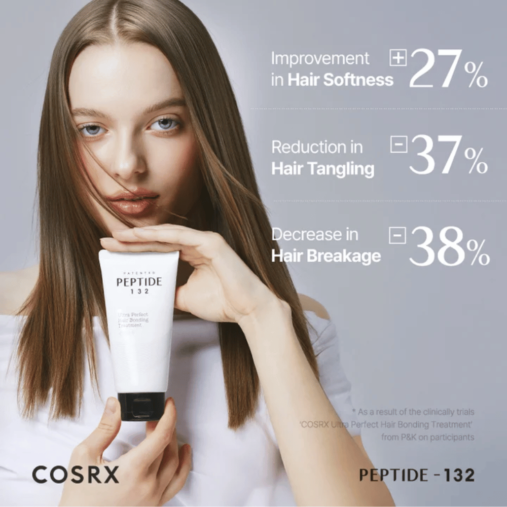Ženska drži COSRX Peptide 132 Treatment – prikazuje klinične rezultate z zmanjšanim lomljenjem las in povečano mehkobo.