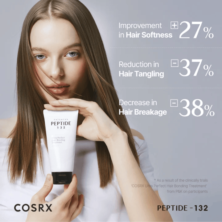 Ženska drži COSRX Peptide 132 Treatment – prikazuje klinične rezultate z zmanjšanim lomljenjem las in povečano mehkobo.