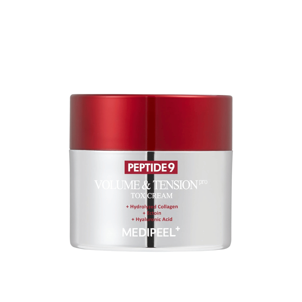MEDI-PEEL Peptide 9 Volume & Tension Tox Cream v srebrni posodi z rdečim pokrovom. Krema proti staranju s peptidi in kolagenom, ki krepi elastičnost kože.