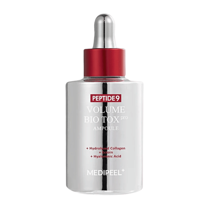 MEDI-PEEL Peptide 9 Volume Bio Tox Pro Ampoule v srebrni steklenički z rdečo pipeto. Serum proti staranju, ki daje čvrstost, volumen in intenzivno vlaženje.