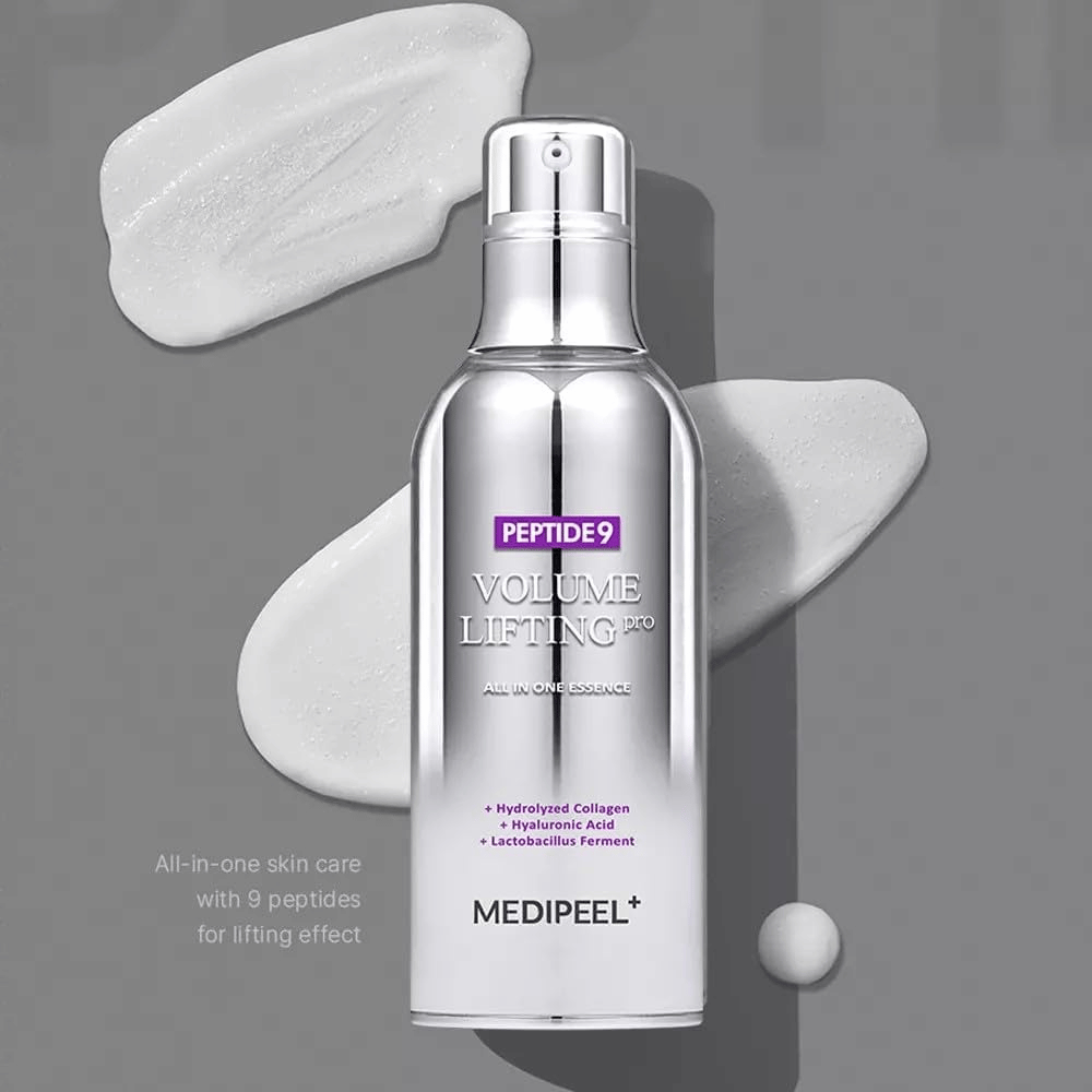 Medi-Peel Peptide 9 Volume Lifting All In One Essence Pro – korejski esenca s peptidi, kolagenom in hialuronsko kislino, ki pomaga navlažiti kožo in izboljšati elastičnost kože.