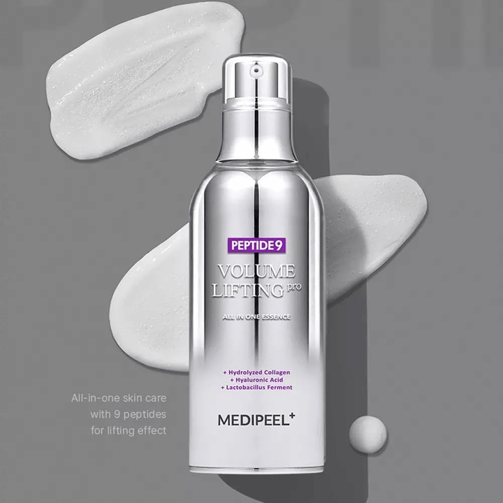 Medi-Peel Peptide 9 Volume Lifting All In One Essence Pro – korejski esenca s peptidi, kolagenom in hialuronsko kislino, ki pomaga navlažiti kožo in izboljšati elastičnost kože.