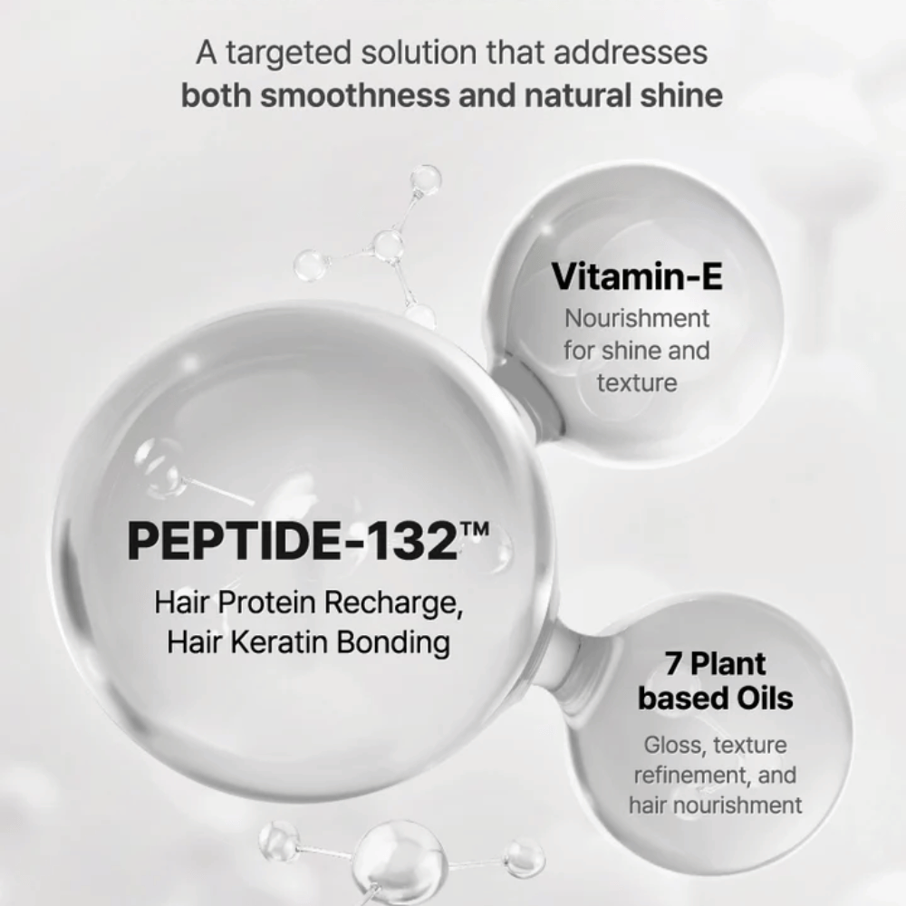 Ključne sestavine v COSRX Peptide 132 Serumu – peptidi, vitamin E in 7 rastlinskih olj, ki krepijo in negujejo lase.