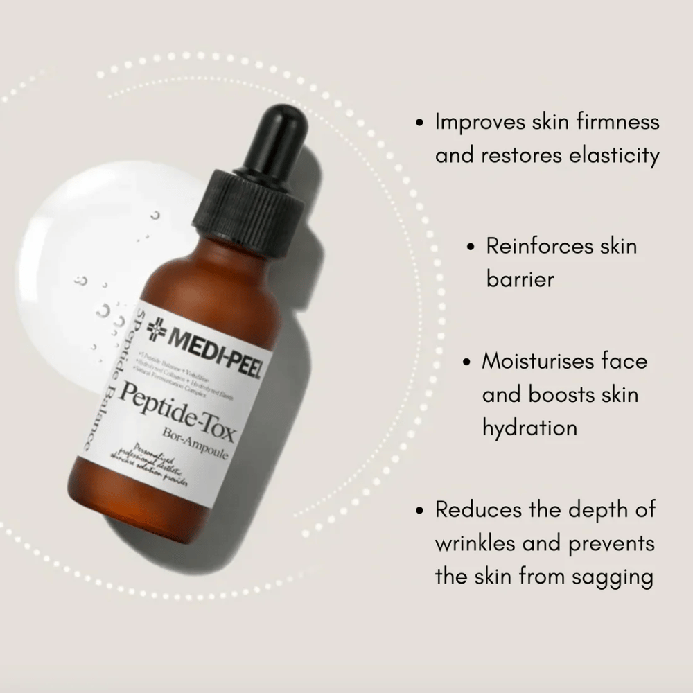 MEDI-PEEL Peptide-Tox Bor Ampoule – korejski obrazni serum s peptidi, ki izboljšuje čvrstost kože, krepi kožno pregrado, globinsko vlaži in zmanjšuje vidne gube.