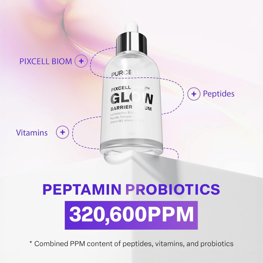 PURCELL Pixcell Biom Glow Barrier Serum s Peptamin Probiotics 320 600 PPM – kombinacija peptidov, vitaminov in probiotikov.