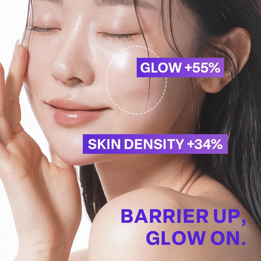 Približan posnetek ženske z žarečo kožo po uporabi PURCELL Pixcell Biom Glow Barrier Serum. Sijaj kože se poveča za 55 % in gostota za 34 %.