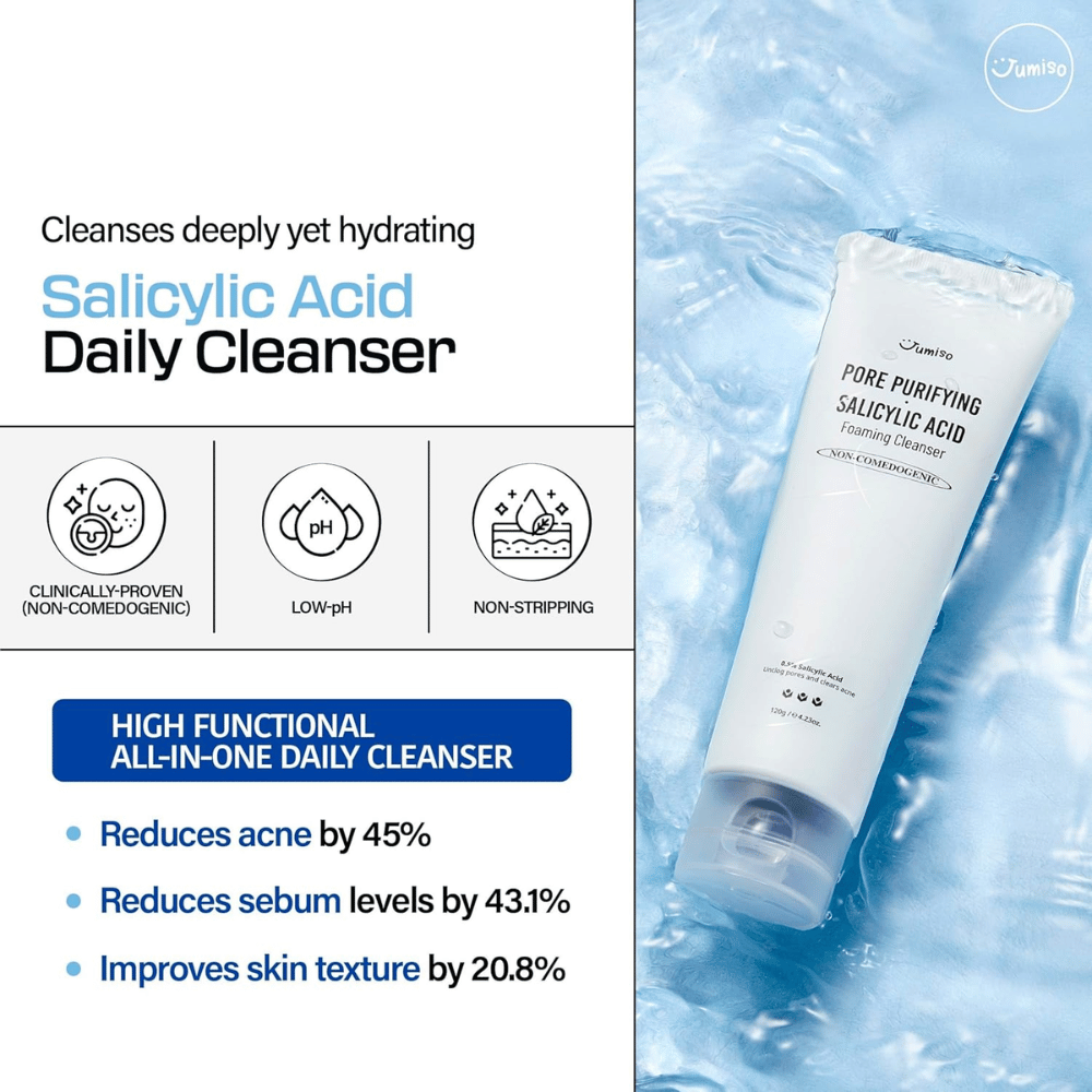 Jumiso Salicylic Acid Foaming Cleanser 0.5% – globinsko čistilno korejsko čistilo za obraz, ki zmanjšuje akne, uravnava sebum in izboljšuje teksturo kože