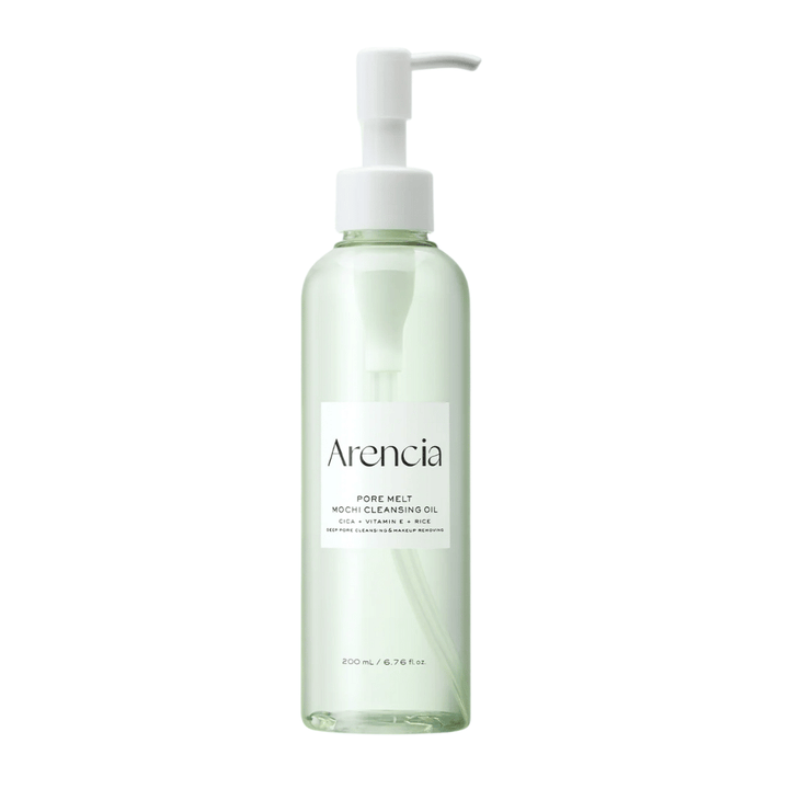 Arencia Pore Melt Mochi Cleansing Oil v celoti proti beli podlagi, korejsko olje za čiščenje s črpalko, ki čisti pore in odstranjuje ličila brez draženja.