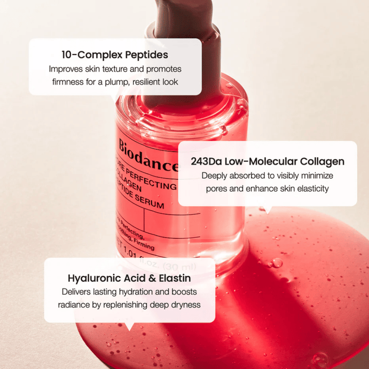 Biodance Pore Perfecting Collagen Peptide Serum s peptidi, kolagenom in hialuronsko kislino za čvrstejšo kožo.