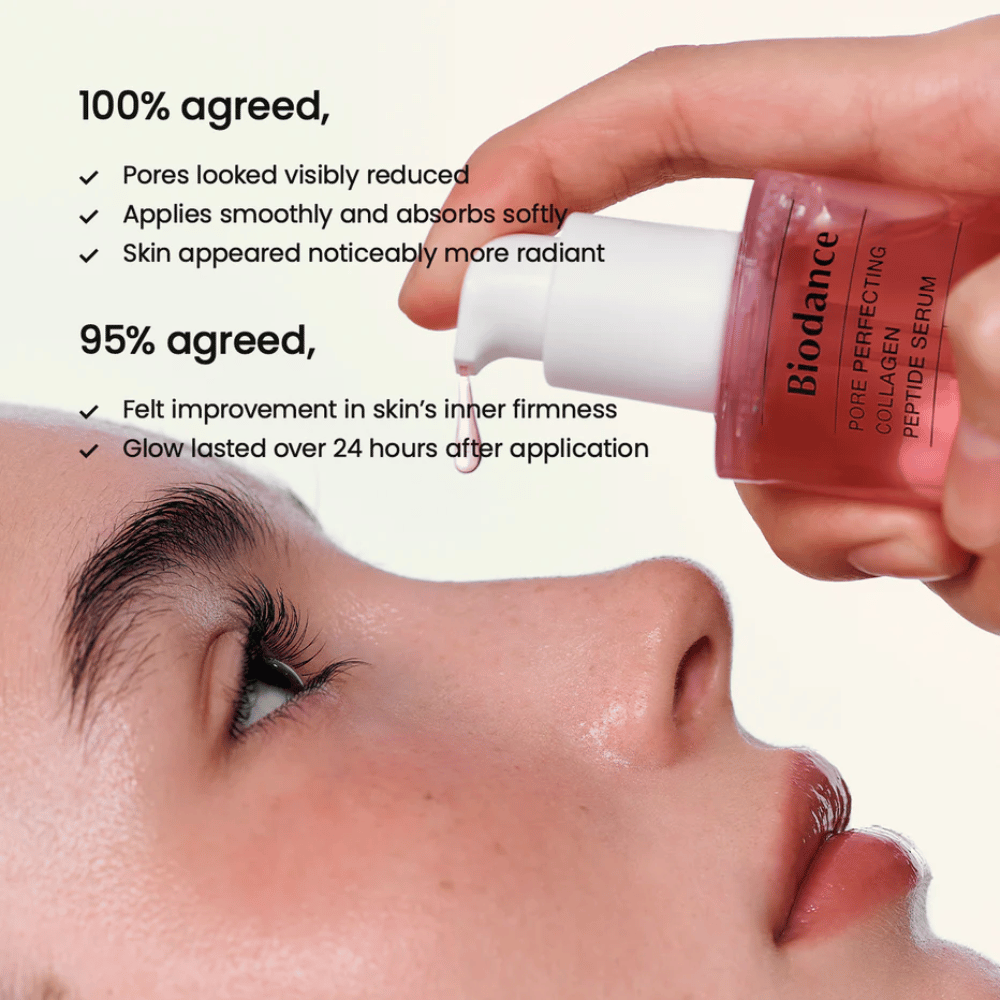 Biodance Collagen Peptide Serum se nanaša na obraz – učvrstitveni serum za zmanjšanje por in povečanje sijaja.