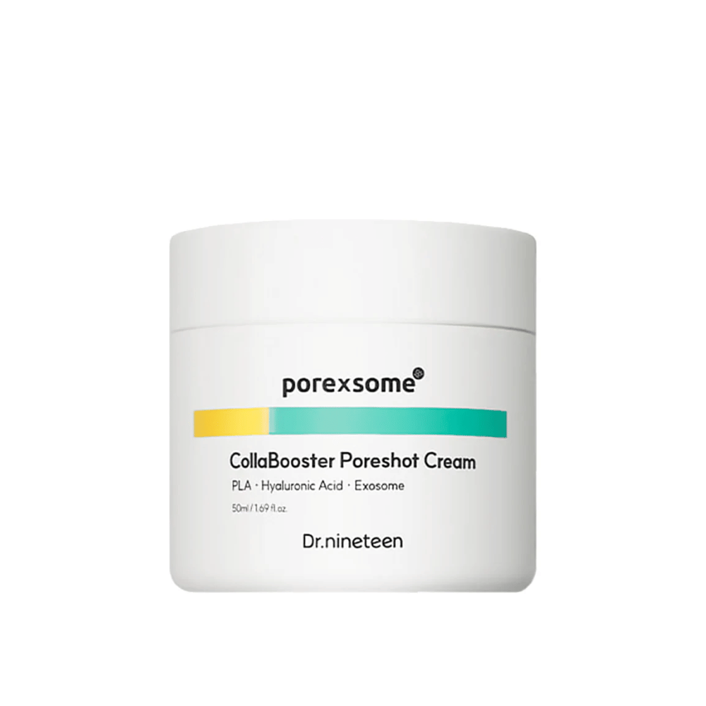 Slika izdelka Porexsome CollaBooster Poreshot Cream v beli posodi z barvnimi detajli v rumeni in turkizni barvi. Krema za obraz, ki zmanjšuje pore in vlaži.