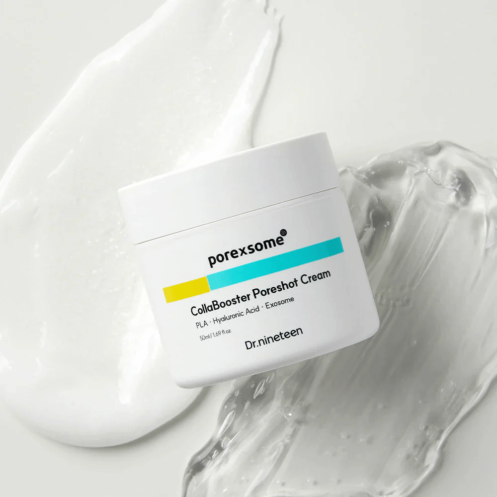 Dr.nineteen Porexsome CollaBooster Poreshot Cream na sijoči, gelu podobni površini. Vlažilna krema z eksosomi in hialuronsko kislino.