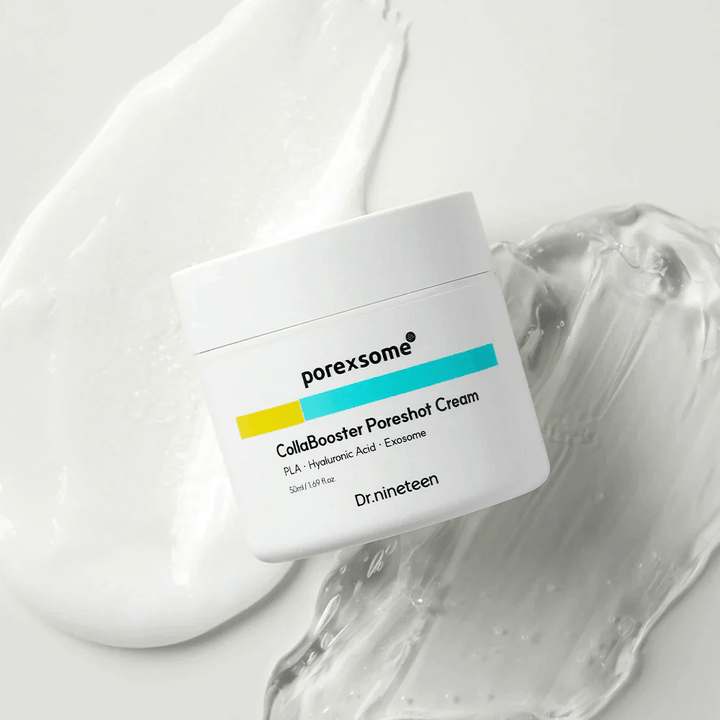 Dr.nineteen Porexsome CollaBooster Poreshot Cream na sijoči, gelu podobni površini. Vlažilna krema z eksosomi in hialuronsko kislino.