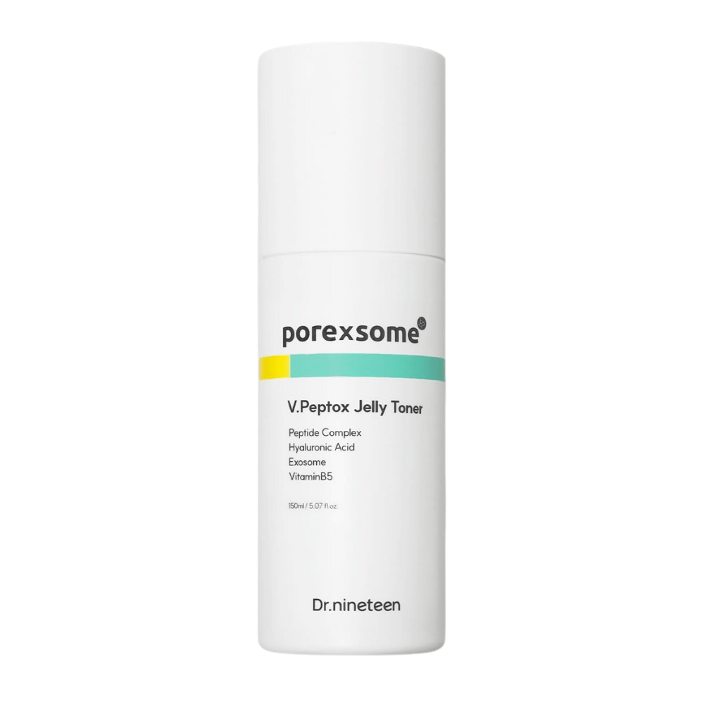 Slika izdelka Dr.nineteen Porexsome V.Peptox Jelly Toner v beli steklenički. Vlažilni toner s peptidi, eksosomi in vitaminom B5.