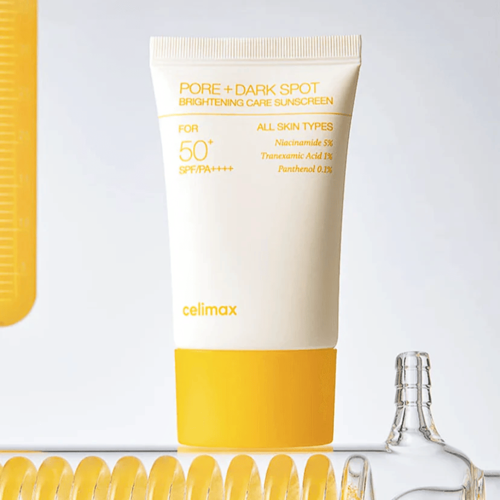 Celimax Pore+Dark Spot Brightening Care Sunscreen SPF50+ PA++++ 50 ml – zaščita pred soncem za vse tipe kože, ki zmanjšuje temne lise in izenačuje ten kože
