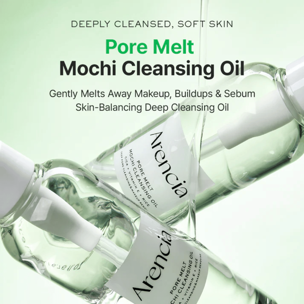 Slika izdelka s prednostmi za Arencia Pore Melt Mochi Cleansing Oil, raztaplja ličila in sebum, podpira kožno bariero in pušča kožo mehko brez zategovanja.