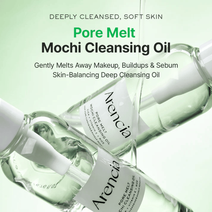 Slika izdelka s prednostmi za Arencia Pore Melt Mochi Cleansing Oil, raztaplja ličila in sebum, podpira kožno bariero in pušča kožo mehko brez zategovanja.