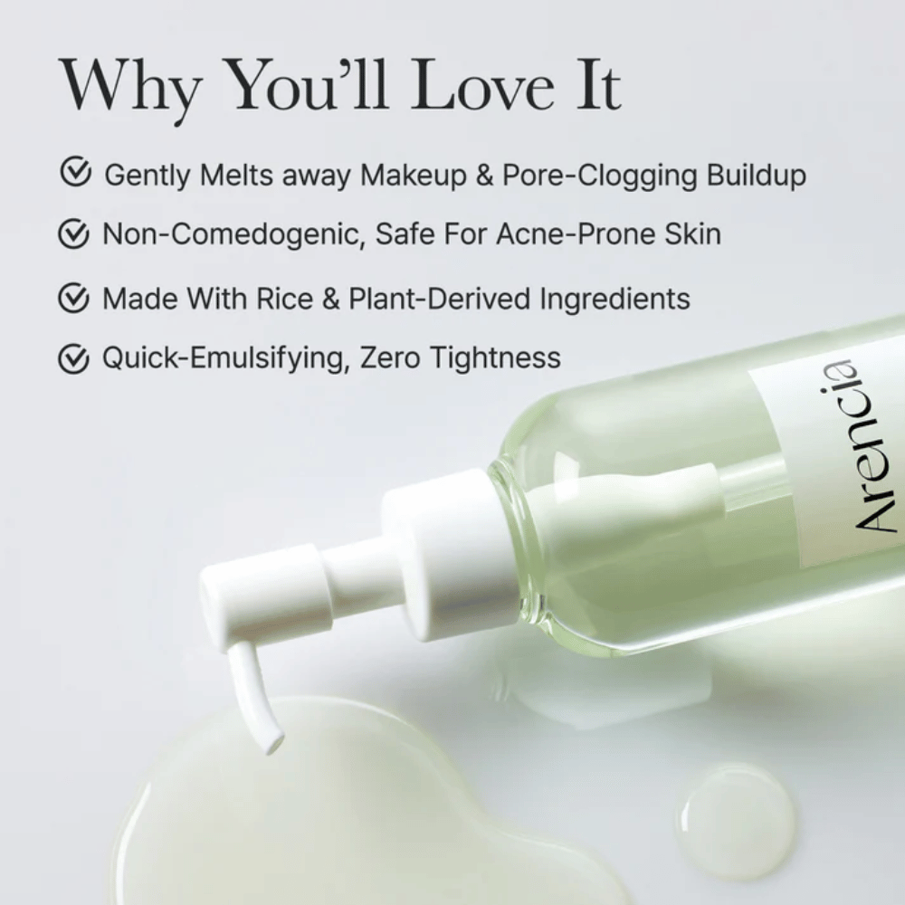 Informacijska slika o Arencia Pore Melt Mochi Cleansing Oil kot 100 % prijazni do por in nekomedogeni, zasnovani za občutljivo in aknasto kožo.