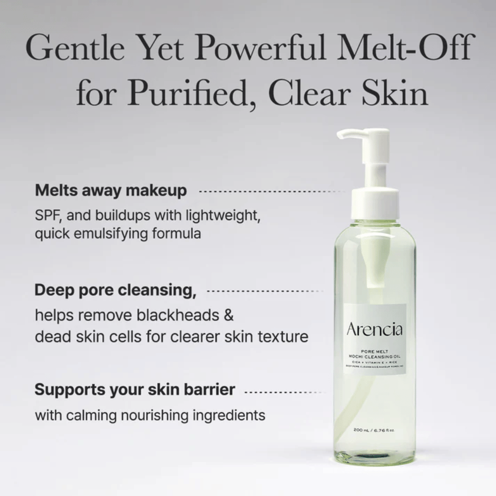 Arencia Pore Melt Mochi Cleansing Oil v celoti s tekstom o globinskem čiščenju, raztaplja ličila, SPF in nečistoče, hkrati pa ohranja ravnovesje vlage v koži.