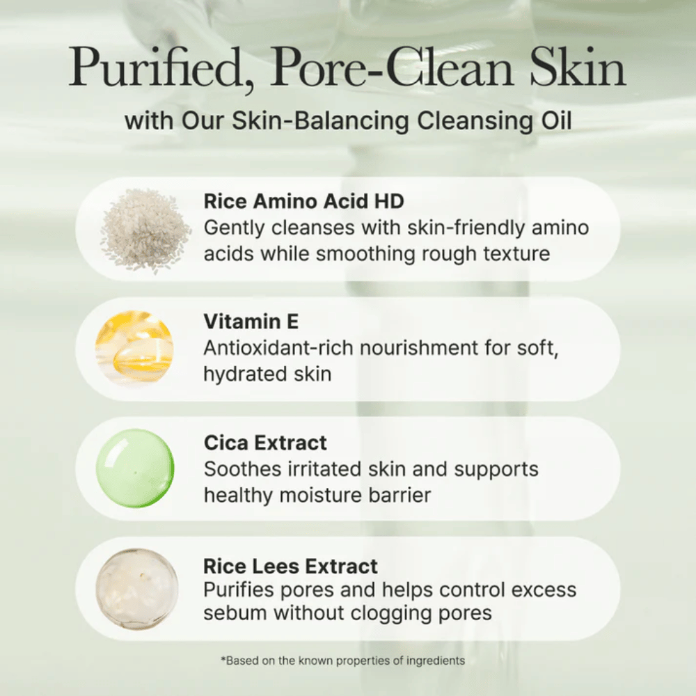 Pregled sestavin za Arencia Pore Melt Mochi Cleansing Oil z riževo amino kislino, vitaminom E, cica izvlečkom in izvlečkom riževih tropin za nežno čiščenje in okrepljeno kožno bariero.