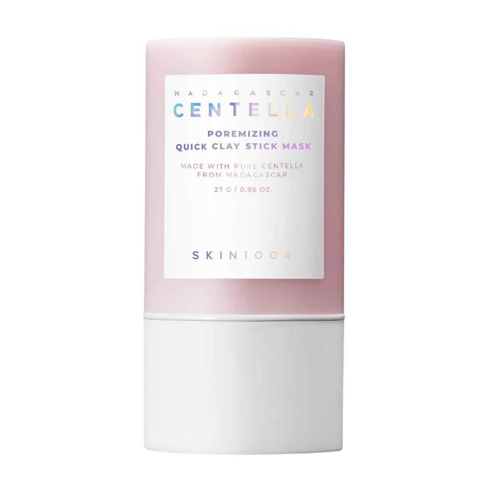 SKIN1004 Madagascar Centella Poremizing Quick Clay Stick Mask v elegantni roza in beli embalaži. Glina maska v obliki sticka za čisto in svežo kožo.