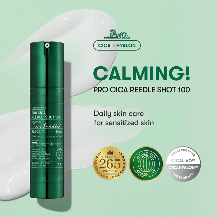 VT Cosmetics Pro Cica Reedle Shot 100 – pomirjujoč dnevni serum za občutljivo kožo s CICA Hyalon tehnologijo in vlažilnim učinkom