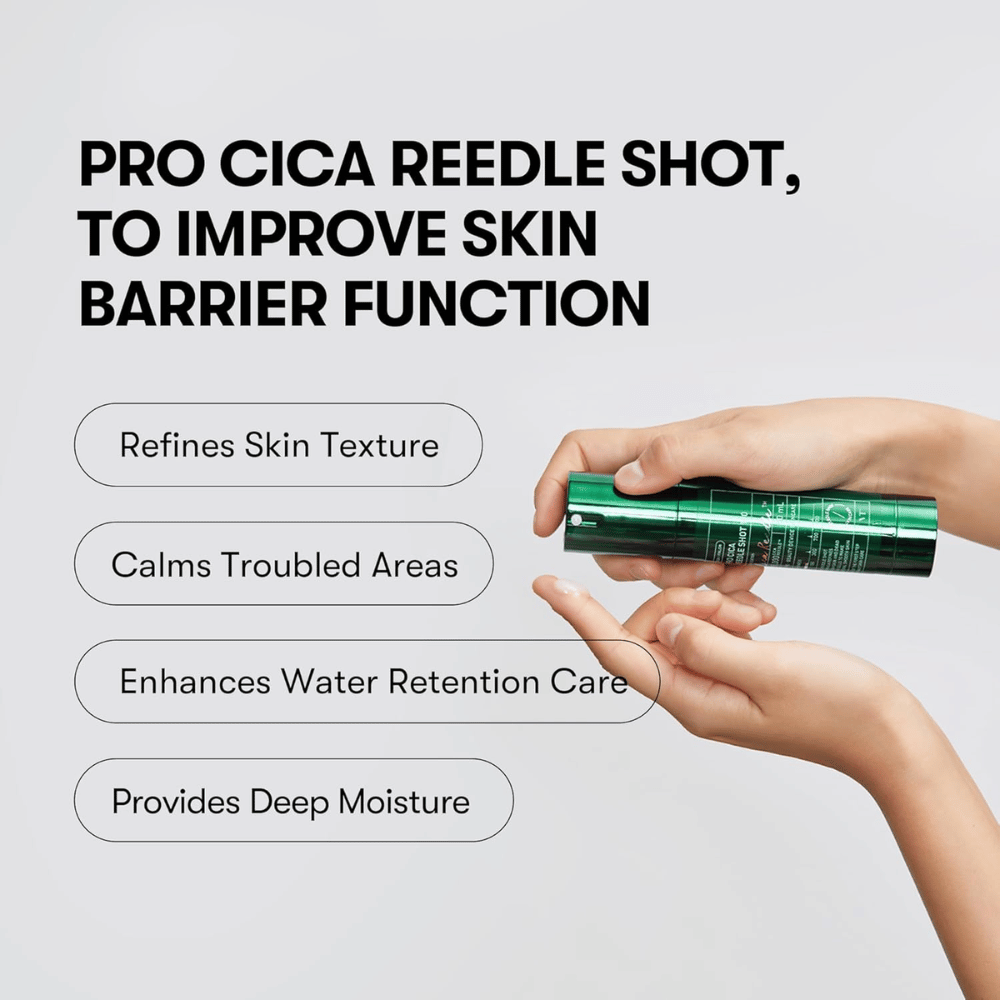 VT Cosmetics Pro Cica Reedle Shot 100 se nanese na kožo za izboljšanje barijere kože, pomiritev občutljive kože in globoko vlaženje