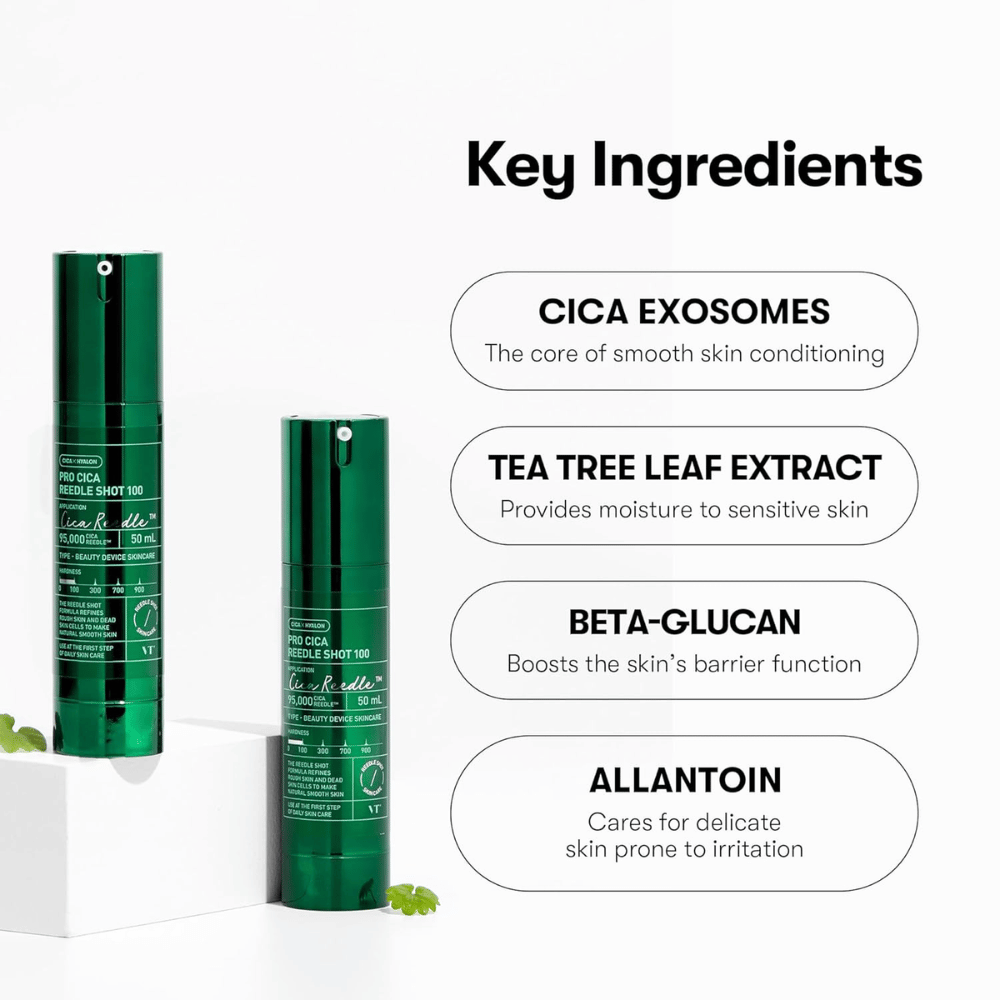 VT Cosmetics Pro Cica Reedle Shot 100 z ključnimi sestavinami kot so CICA eksosomi, tea tree-ekstrakt, beta-glukan in allantoin za pomirjujočo in barierno krepitev nege kože
