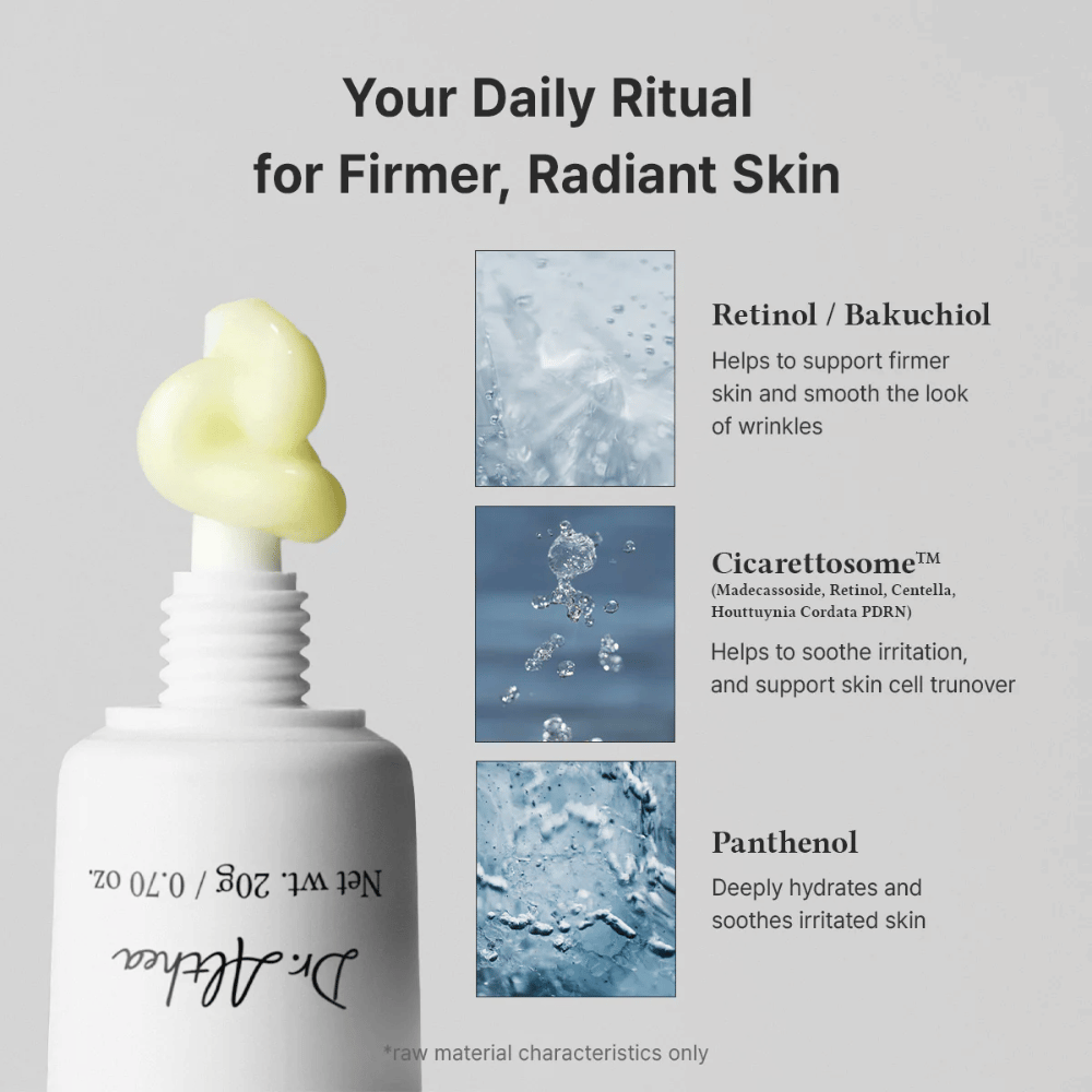 Slika sestavin, ki prikazuje nekatere ključne komponente izdelka. Retinol in bakuchiol sta predstavljena za podporo čvrstosti kože in zmanjšanje vidnih znakov staranja, medtem ko pantenol pomaga vlažiti in pomirjati kožo. Slika vsebuje tudi kremasto teksturo izdelka.