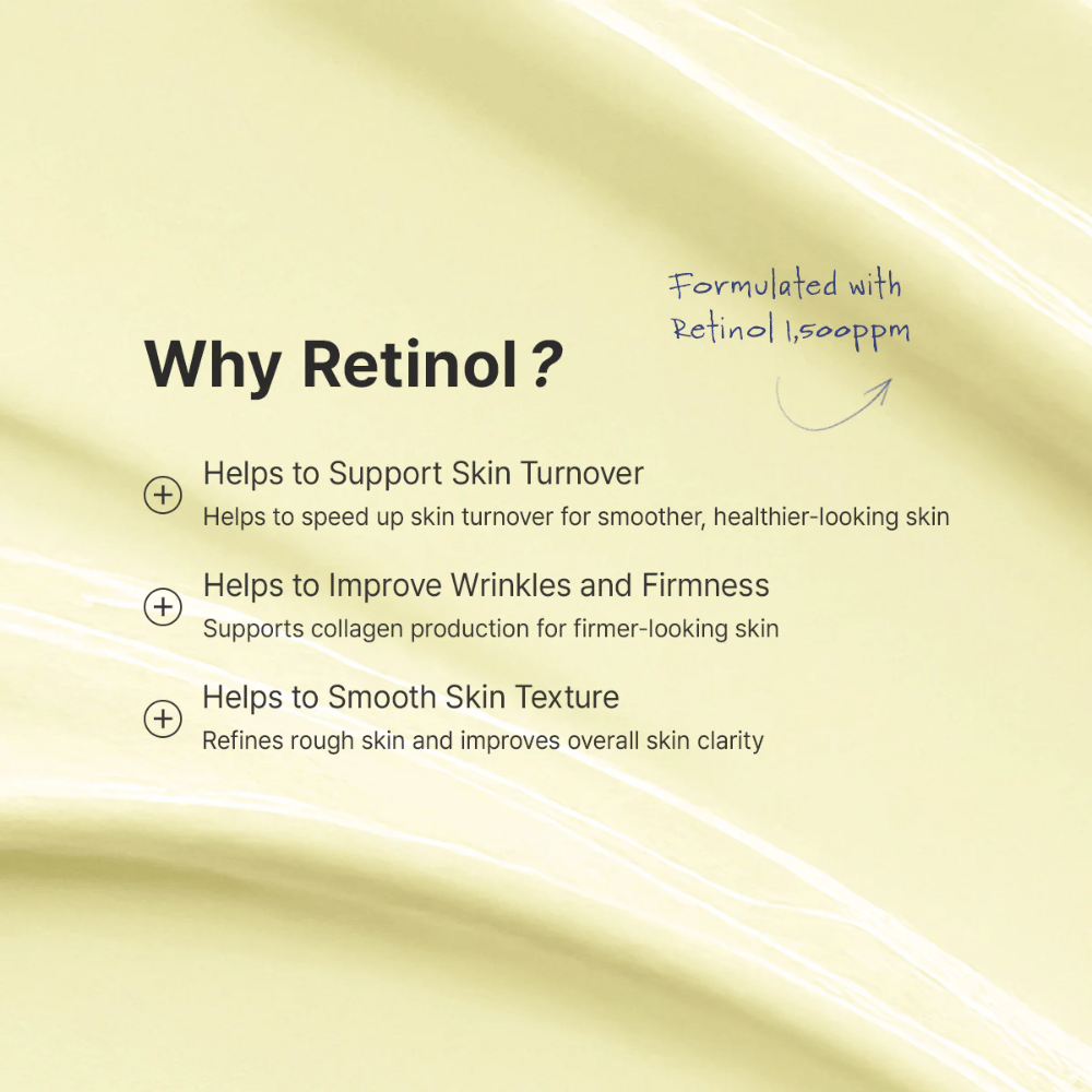 Vodnikova slika, ki pojasnjuje, kako je treba retinol uvajati v rutino nege kože. Poudarek je na uporabi količine v velikosti graha, začetku 1–2-krat na teden in nanosu zvečer. Slika vsebuje tudi pomembne informacije o previdnosti med nosečnostjo, dojenjem in ob morebitnem draženju.