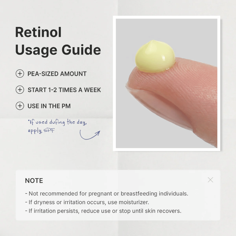 Vodnikova slika, ki pojasnjuje, kako je treba retinol uvajati v rutino nege kože. Poudarek je na uporabi količine v velikosti graha, začetku 1–2-krat na teden in nanosu zvečer. Slika vsebuje tudi pomembne informacije o previdnosti med nosečnostjo, dojenjem in ob morebitnem draženju.