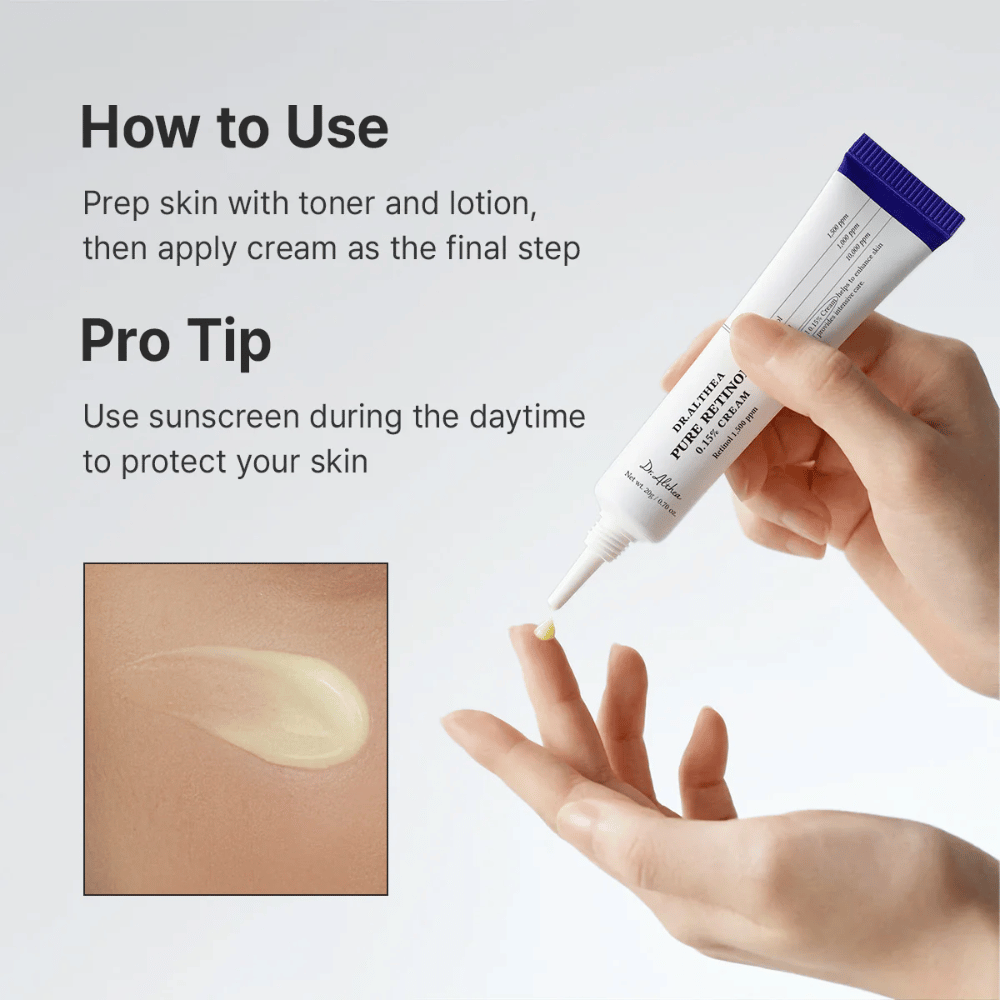 Navodila v sliki prikazujejo, kako se nanaša Dr. Althea Pure Retinol 0.15% Cream. Roka drži tubo, medtem ko se majhna količina kreme iztisne na konico prsta. Slika vsebuje tudi bližnji posnetek svetlo rumene, kremaste teksture in priporoča uporabo zaščite pred soncem podnevi pri uporabi retinola.