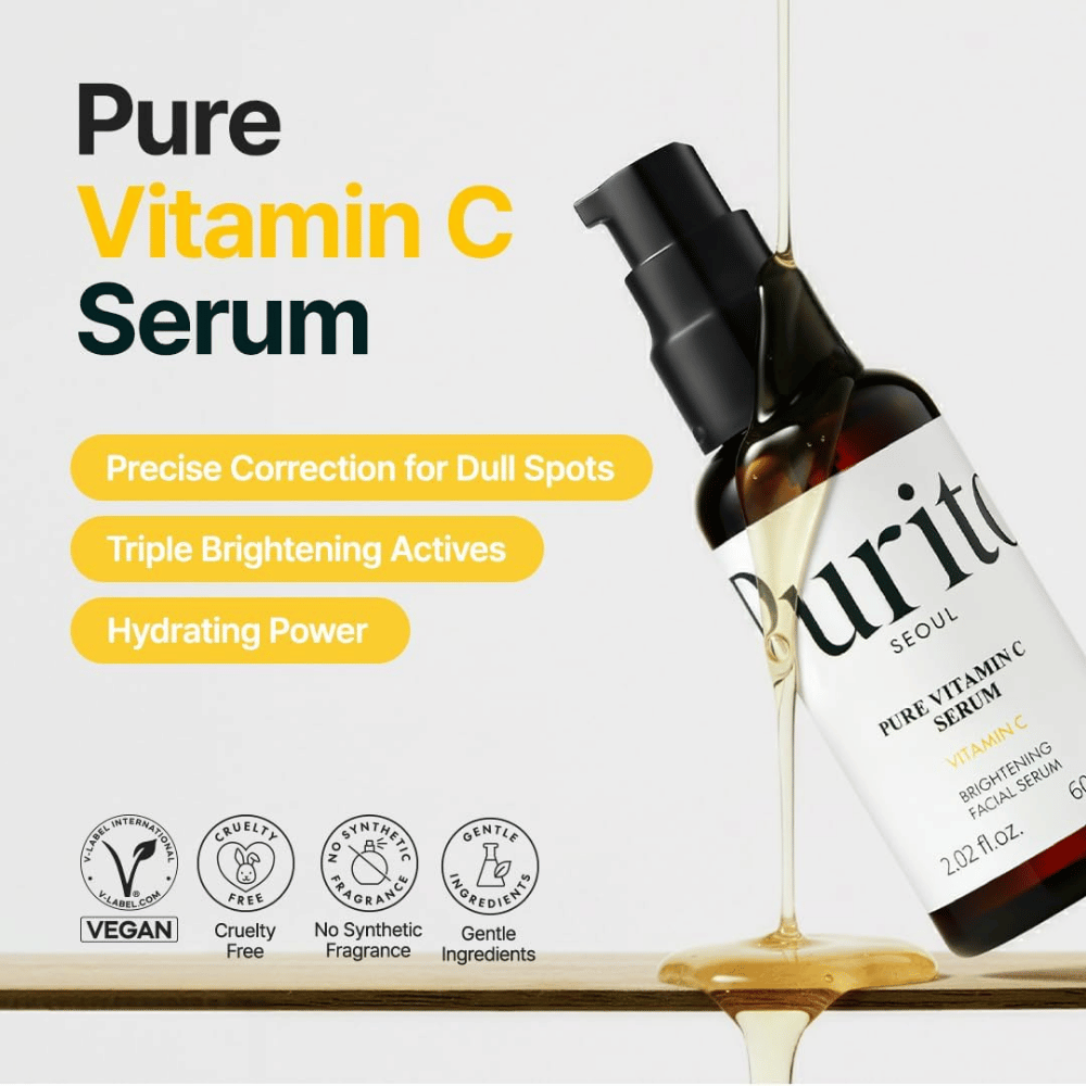 Purito SEOUL Pure Vitamin C Serum z vitaminom C, vlažilno bambusovo vodo in sestavinami za sijaj – veganska in cruelty-free formula brez sintetičnih dišav.