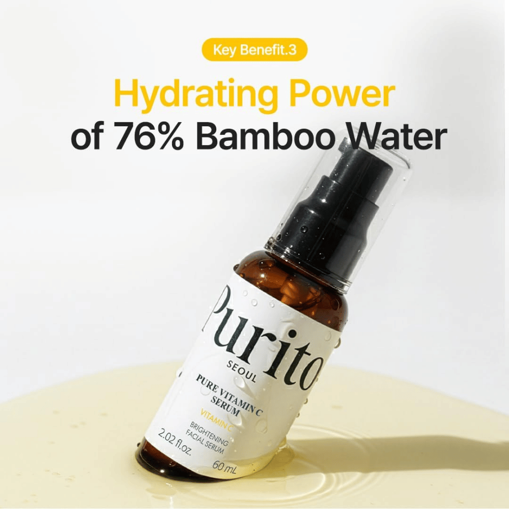 Purito SEOUL Pure Vitamin C Serum s 76 % bambusove vode, ki pomaga vlažiti kožo, medtem ko serum daje sijaj.