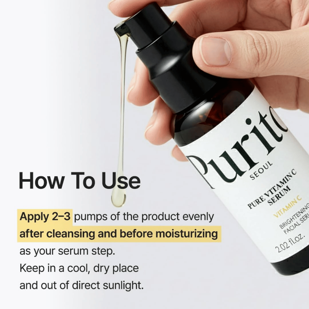 Kako uporabljati Purito SEOUL Pure Vitamin C Serum – nanesite 2–3 potiske po čiščenju in pred kremo za obraz kot korak s serumom v rutini nege kože.