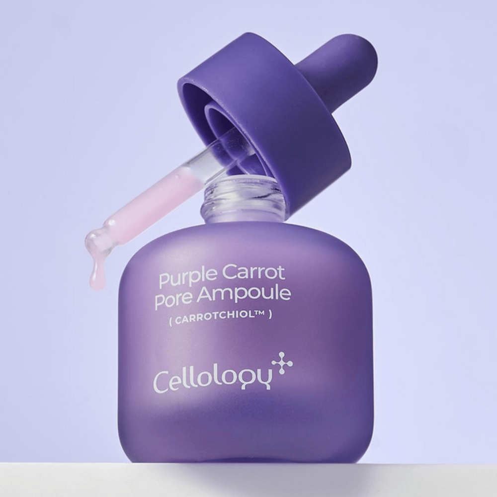 Cellology Purple Carrot Pore Ampoule s pipeto, ki prikazuje mehko, kremasto konsistenco ampule.