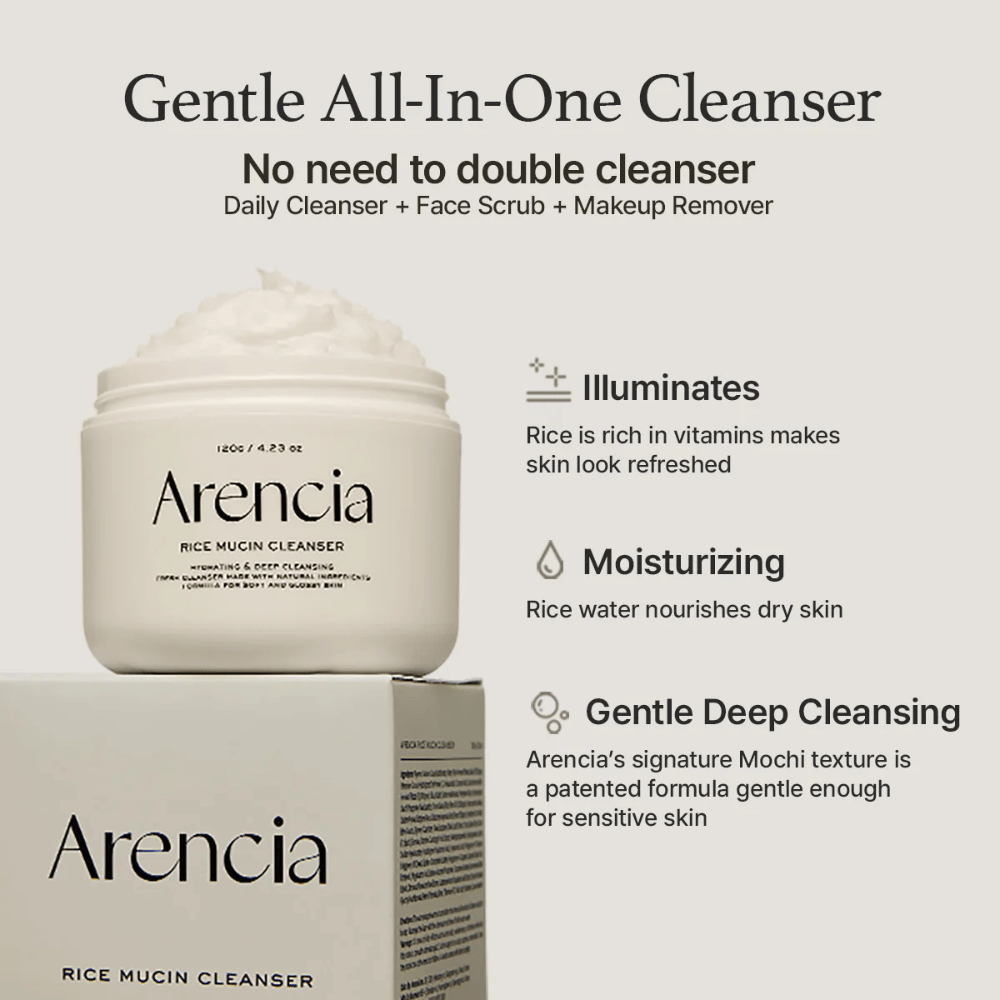 Arencia Rice Mucin Cleanser je prikazan skupaj z embalažo. Besedilo izpostavlja tri prednosti: sijaj z riževimi vitamini, vlaženje z riževo vodo in nežno globinsko čiščenje z Mochi teksturo - vse v enem izdelku.